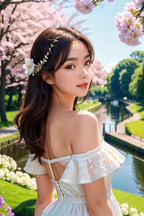 1girl, white dress, off shoulders, close-up-view, intricate details, sharp focus, high resolution, the background of beautiful flower park with trees and canals, beautiful sunny day,