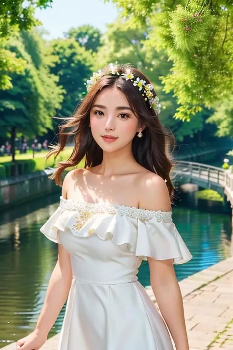 1girl, white dress, off shoulders, close-up-view, intricate details, sharp focus, high resolution, the background of beautiful flower park with trees and canals, beautiful sunny day,