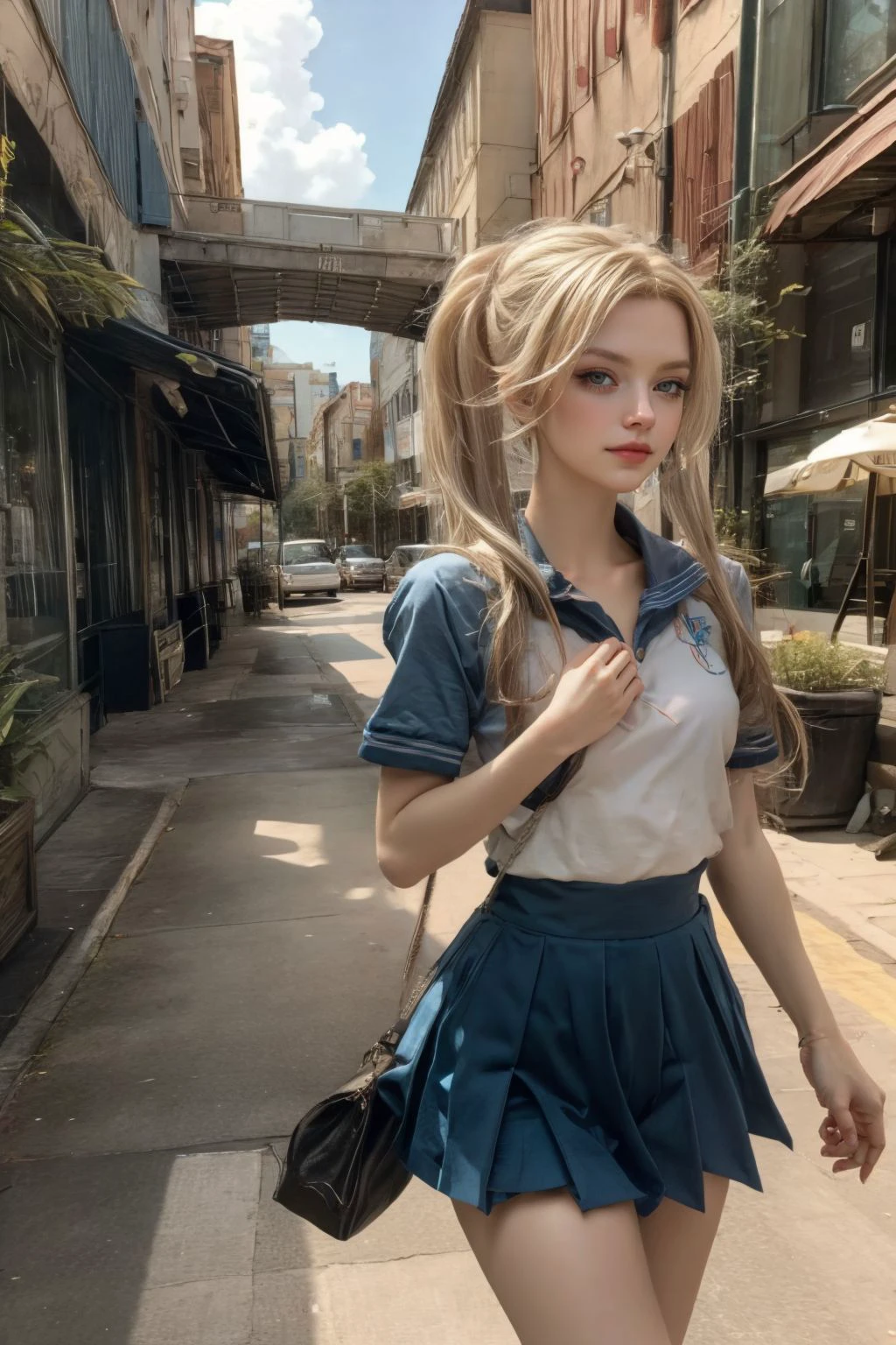 (masterpiece, top quality, best quality, official art, beautiful and aesthetic:1.2), (1 girl:1.3), blue eyes, white low twintail, walking, cyan sailor uniform, (fractal art:1.2), big clock, Cowboy shot, <lora:CyberBeautyV30:0.9>, <lora:OC:0.33>, <lora:add_detail:1>, <lora:ReaLora:0.7>