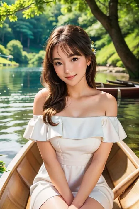 1girl, white dress, off shoulders, close-up-view, intricate details, sharp focus, high resolution, sitting on a canoe, the background of beautiful flower park with trees,