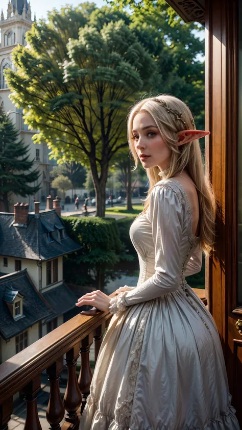 A portrait of an (elven woman:1.25) wearing a beautiful high quality Victorian dress, standing on a mansion balcony waving, Victorian setting, high quality colors, low angle close shot <lora:SDXLrender_v1.0:0.6> <lora:popular:1> <lora:add_detail:1> <lora:epiCRealismHelper:1>