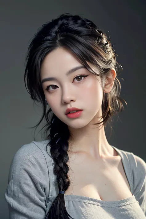 <lora:AI_hanhang:1>, office uniform, amazing lighting, cinematic lighting,
((SFW)), (best quality, masterpiece:1.4), absurdres, ultra-detailed CG, 8k, high detailed, beautiful face, detailed face, 1girl, solo ,braid, toned, shiny skin, head tilt, standing still, ((grey background)), bloom, light particles, depth of field,
