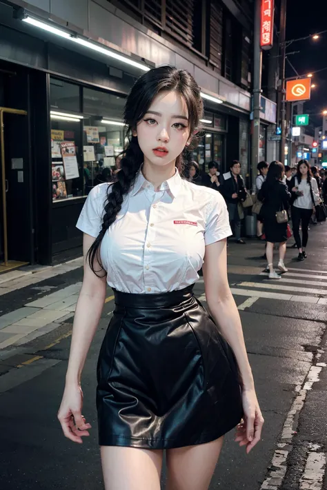<lora:AI_hanhang:1>, office uniform, amazing lighting, cinematic lighting, busy Korean Street,
((SFW)), (best quality, masterpiece:1.4), absurdres, ultra-detailed CG, 8k, high detailed, beautiful face, detailed face, 1girl, solo ,braid, toned, shiny skin, head tilt, standing still, bloom, light particles, depth of field,