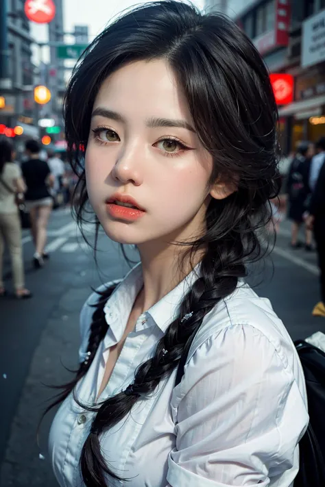 <lora:AI_hanhang:1>, office uniform, amazing lighting, cinematic lighting, (busy Korean Street),
((SFW)), (best quality, masterpiece:1.4), absurdres, ultra-detailed CG, 8k, high detailed, beautiful face, detailed face, 1girl, solo ,braid, toned, shiny skin, head tilt, standing still, bloom, light particles, depth of field,