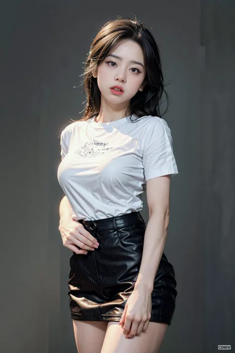 <lora:AI_hanhang:1>, hanhang, sexy, amazing lighting, cinematic lighting,
(best quality, masterpiece:1.4), absurdres, ultra-detailed CG, 8k, high detailed, beautiful face, detailed face, 1girl, solo, white shirt, black skirt ,braid, toned, shiny skin, (embarassed, blush, parted lips, raised eyebrows, panicking, discomfort:1.2), head tilt, standing still, ((grey background)), bloom, light particles, depth of field, cowboy shot, straight-on,