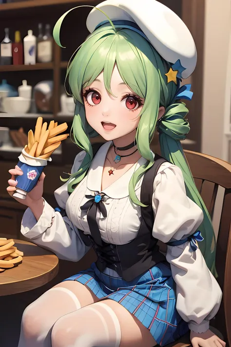 masterpiece, higher,highly detailed, absurdres, 1girl, solo, AzlaComet,green hair, long hair, ahoge,white hat,beret,red eyes,choker,plaid skirt,blue skirt,long sleeves, puffy sleeves, hair ornament, star \(symbol\),ribbon,jewelry,thighhighs,smile,open mouth, <lora:AzlaComet_v02nc:1>,fish and chips, across table,sitting on chair,