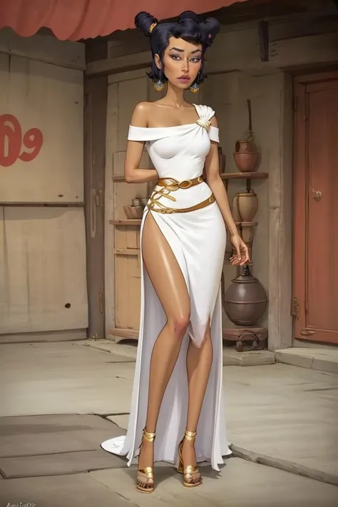 <lora:Krapopolis_Deliria-46:0.5> deliria, white dress, bare shoulders, side slit, belt, sandals:0.7, solo focus, 2d animation, perfect eyes, looking at viewer, cartoon, flat image, sharp lines, by artgerm, cinematic 4k wallpaper,ultra detailed, high resolution, artstation, award winning