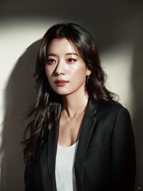 photo of HYJoo, wearing a black suit, posing for a photoshoot, (8k, RAW photo, best quality, masterpiece:1.2), (realistic, photo-realistic:1.37), professional lighting, photon mapping, radiosity, physically-based rendering, octane render, <lora:HYJoo:1>