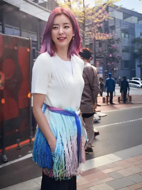 photo of HYJoo, colored hair, standing in the street, (8k, RAW photo, best quality, masterpiece:1.2), (realistic, photo-realistic:1.37), professional lighting, photon mapping, radiosity, physically-based rendering, octane render,  <lora:HYJoo:1>