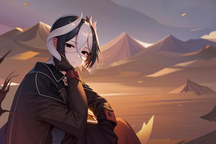 1boy, ozen, bangs, bare_tree, black_cape, black_hair, black_jacket, blurry, blurry_background, blurry_foreground, building, cloud, cloudy_sky, depth_of_field, dusk, evening, gradient_sky, hair_between_eyes, hand_on_own_cheek, hand_on_own_face, head_rest, jacket, long_sleeves, looking_at_viewer, male_focus, mountain, mountainous_horizon, multicolored_hair, ocean, orange_sky, outdoors, palm_tree, plant, purple_sky, red_sky, short_hair, sitting, sky, solo, sunrise, sunset, tree, twilight, water