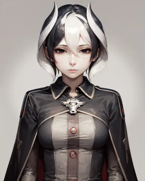 (masterpiece, best quality:1.2), <lora:mia_ozen-10:0.8>, upper body, solo, 1girl, ozen, expressionless, closed mouth, looking at viewer, black jacket, cape
