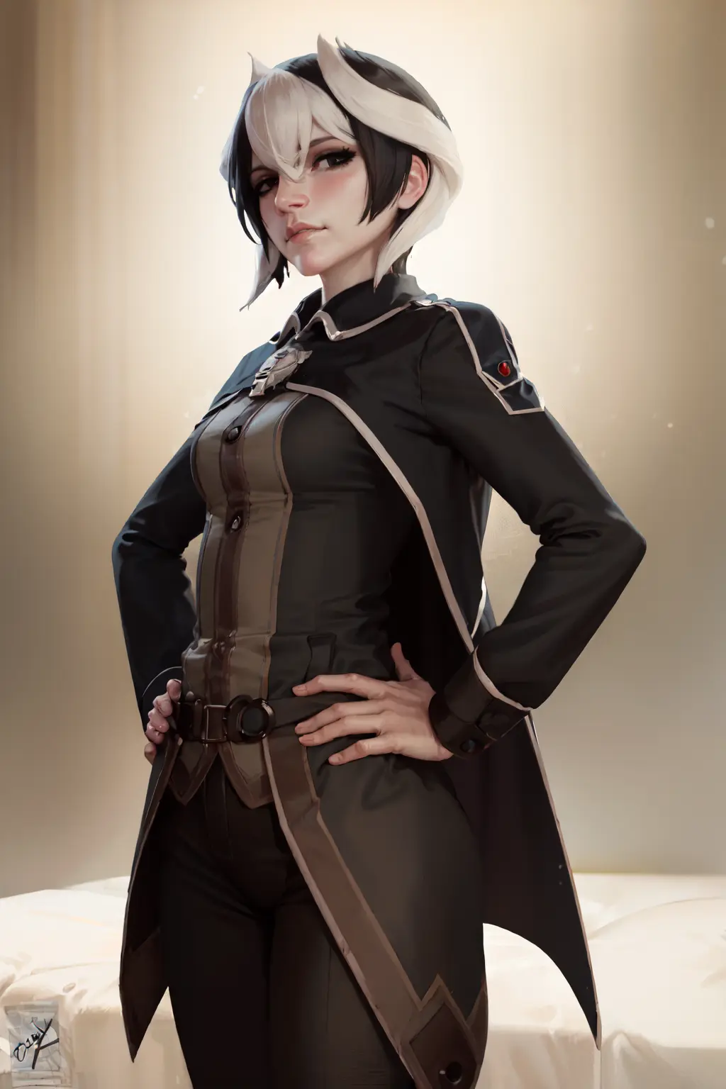 (masterpiece, best quality:1.2), <lora:mia_ozenv2-10:0.7>, <lora:style_themaestronoob-10:1>, cowboy shot, solo, 1girl, ozen, expressionless, closed mouth, looking at viewer, hands on hips, black jacket, cape, black pants