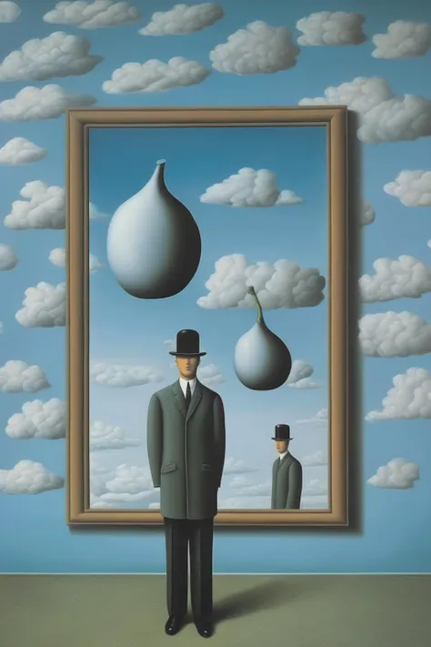 <lora:Rene Magritte Style:1>Rene Magritte Style - scene of obsession in the style of Magritte