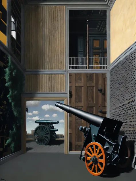 <lora:ReneMagritte:1>a painting of a cannon in the middle of a room