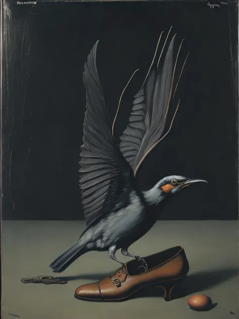 <lora:ReneMagritte:1>a painting of a bird perched on a shoe