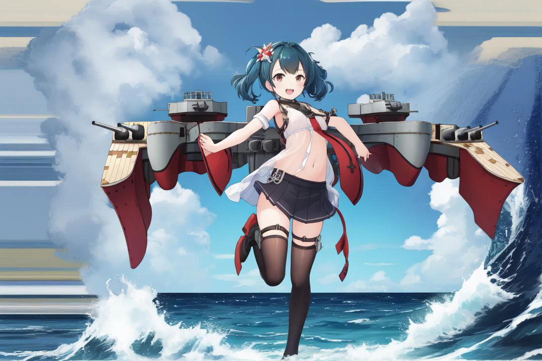 <lora:shipgirls_v10:1>, shipgirl, 1girl, rigging, turret, solo, looking at viewer, full body, open sea, ocean, battleship,