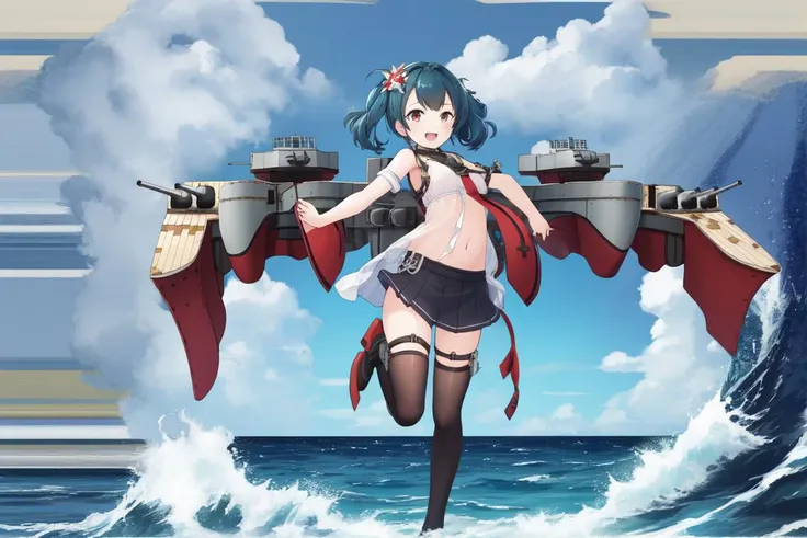 <lora:shipgirls_v10:1>, shipgirl, 1girl, rigging, turret, solo, looking at viewer, full body,  open sea, ocean, battleship,