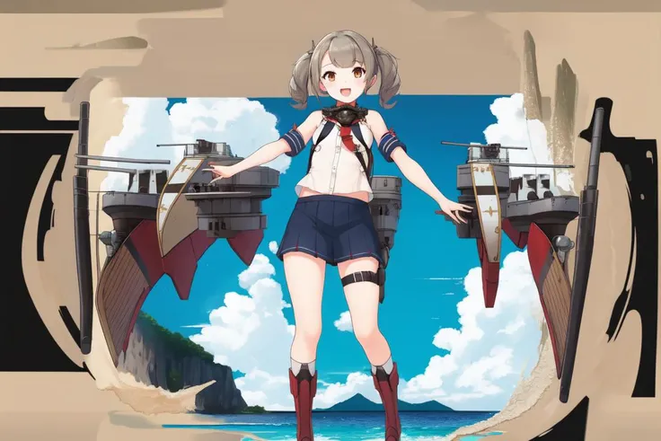 <lora:shipgirls_v10:1>, shipgirl, 1girl, rigging, turret, solo, looking at viewer, full body,  open sea, ocean, battleship,