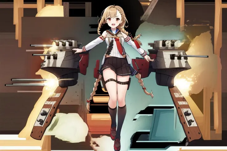 <lora:shipgirls_v10:1.1>, shipgirl, 1girl, rigging, turret, solo, looking at viewer, full body,  open sea, ocean, battleship, guns firing, battleground, (braid:1.4),