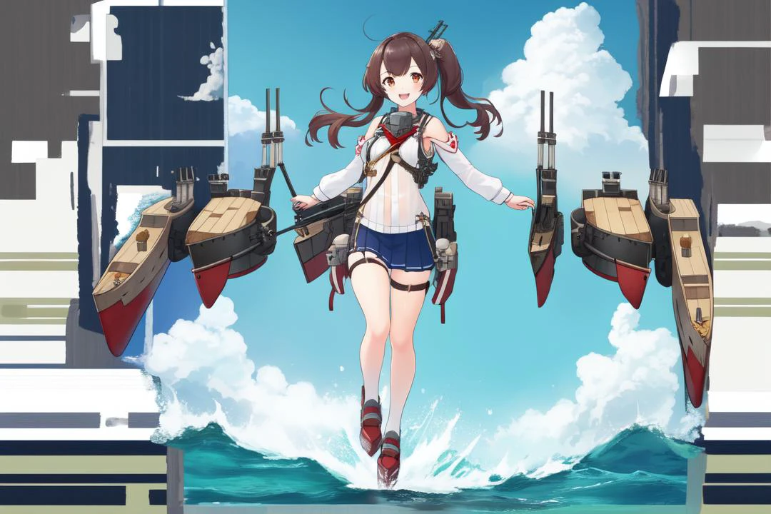 <lora:shipgirls_v10:1>, shipgirl, 1girl, rigging, turret, solo, looking at viewer, full body, open sea, ocean, battleship,