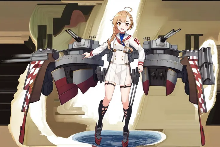 <lora:shipgirls_v10:1.1>, shipgirl, 1girl, rigging, turret, solo, looking at viewer, full body,  open sea, ocean, battleship, guns firing, battleground, (braid:1.4),