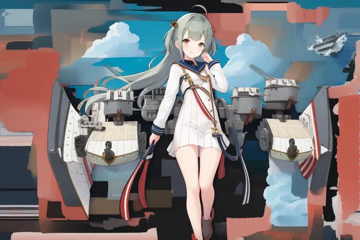 <lora:shipgirls_v10:1>, shipgirl, 1girl, rigging, turret, solo, looking at viewer, full body,  open sea, ocean, battleship,