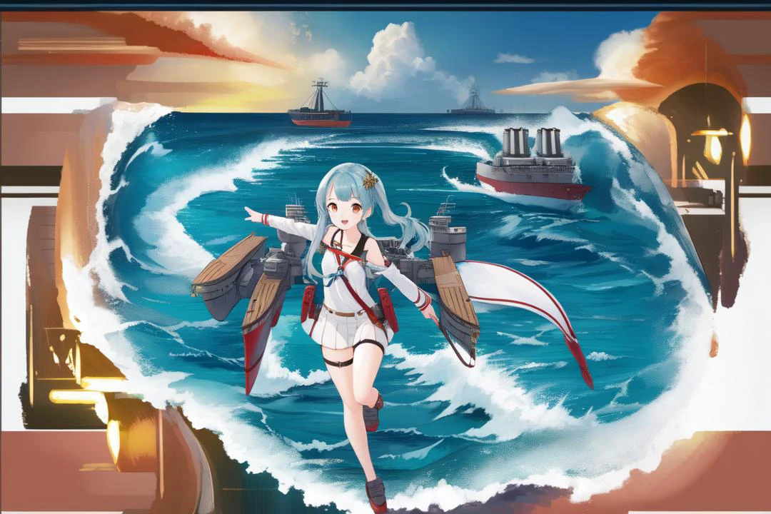 <lora:shipgirls_v10:1>, shipgirl, 1girl, rigging, turret, solo, looking at viewer, full body, open sea, ocean, battleship,