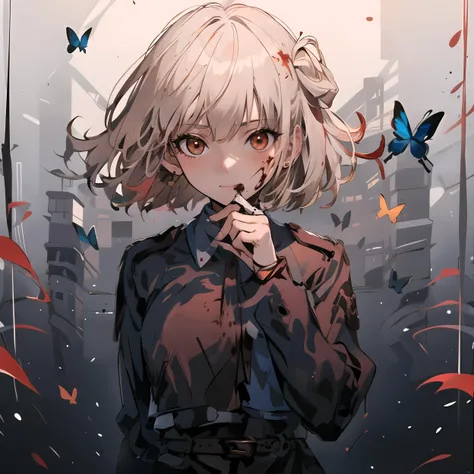 (masterpiece),
Chisato, 1girl,  solo, red eyes, red butterflies, red background, flowers, abstract background,  blood on the face, hands on face, 