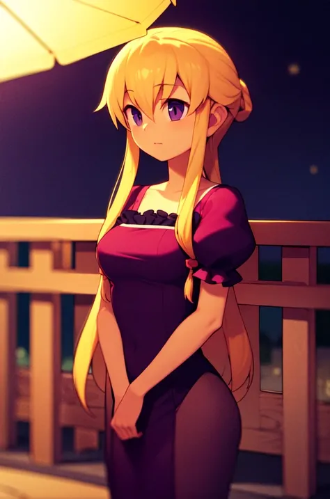 masterpiece, best_quality, 1girl, solo, yakumo yukari, blonde hair, purple dress, purple eyes, outdoors, night, <lora:metata_v1:0.8>
