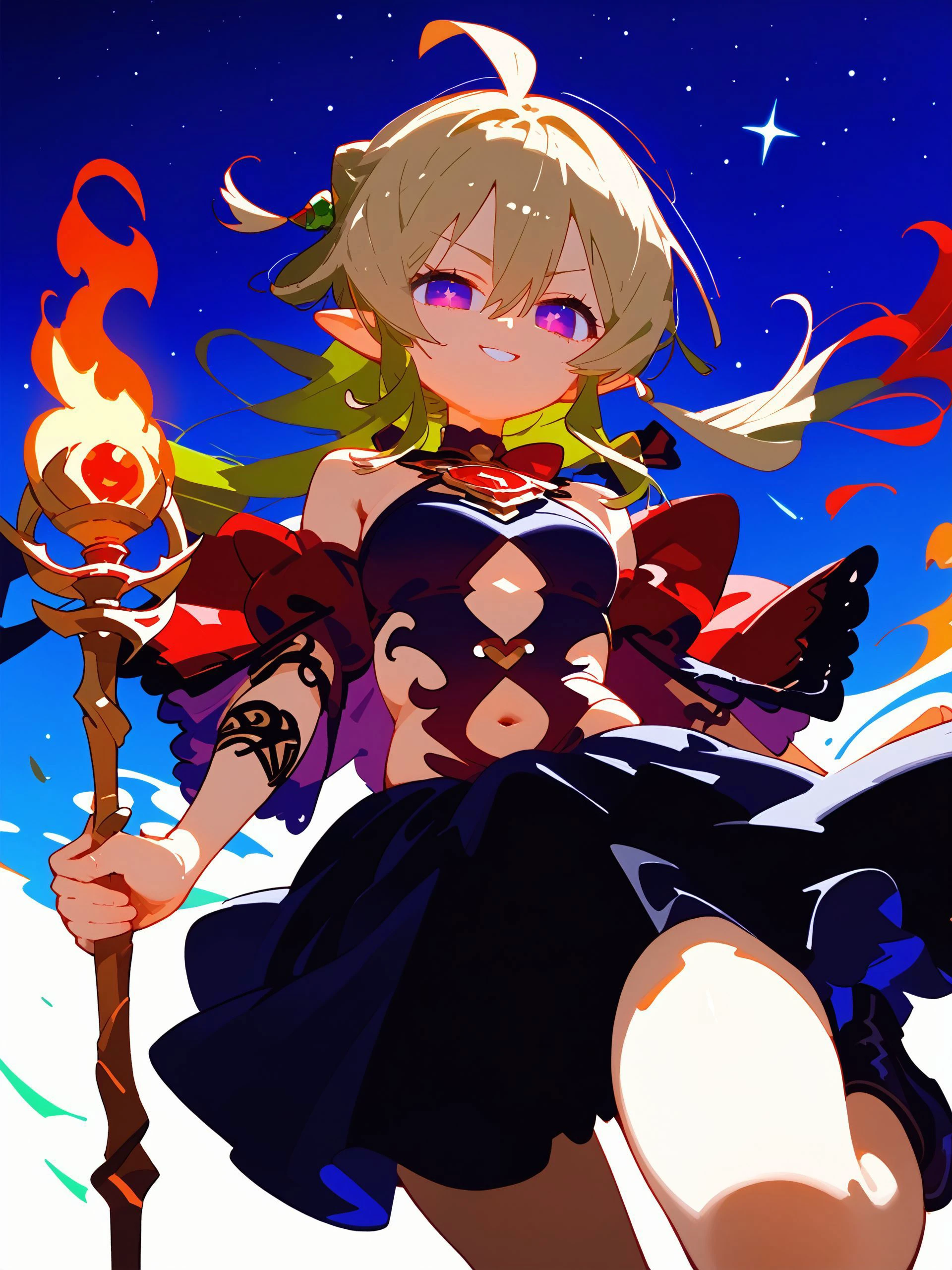 score_9,score_8_up,score_7_up,score_6_up,source_anime, shiny, shiny skin, <lora:naipf:0.8>, (<lora:Expressive_H-000001:1>, Expressiveh, takeda hiromitsu style,<lora:takeda_hiromitsu_style_xl_goofy:1>,) <lora:FlipherrXLLocon-1:1>,
(masterpiece),best quality,1girl,medium_shot,smirk,v_arms,stars in the eyes,messy floating hair,colored inner hair,Starry sky adorns hair,depth of field,long hair,blonde hair,green hair,purple eyes,pointy ears,side ponytail,ahoge,hair between eyes,duel monster,holding,staff,holding staff,skirt,thighhighs,ponytail,boots,detached sleeves,thigh boots,fire,black dress,clothing cutout,navel cutout,red bow,jewelry,