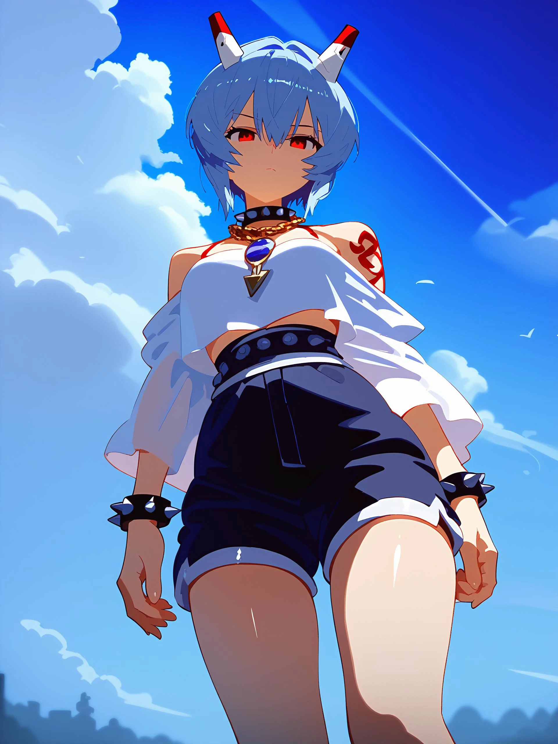 score_9,score_8_up,score_7_up,score_6_up,source_anime, shiny, shiny skin, <lora:naipf:1>, (<lora:Expressive_H-000001:1>, Expressiveh, takeda hiromitsu style,<lora:takeda_hiromitsu_style_xl_goofy:1>,) <lora:FlipherrXLLocon-1:0.8>,
(masterpiece, perfectly detailed, detailed face, detailed eyes, beautiful eyes), (best quality:1.2), Mevak_PS, 1girl, ayanami rei, red eyes, blue hair, short hair, spiked collar, spikes, horns, from below, spiked bracelet, black thighhighs, garter straps, jewelry, shoulder tattoo, looking down, bare shoulders, chain, cloud, looking at viewer, black shorts, alternate costume, outdoors, hair between eyes, standing, off shoulder, bangs, off-shoulder shirt, breasts, arm tattoo, cowboy shot, cloudy sky,
,<lora:add-detail-xl:1>, japanese, ultra detailed, serious, best quality, amazing quality, very aesthetic, absurdres, masterpiece, best quality,spotlight,masterpiece, best quality, high quality, highres, absurdres, caustics, offcial art, anime screencap,