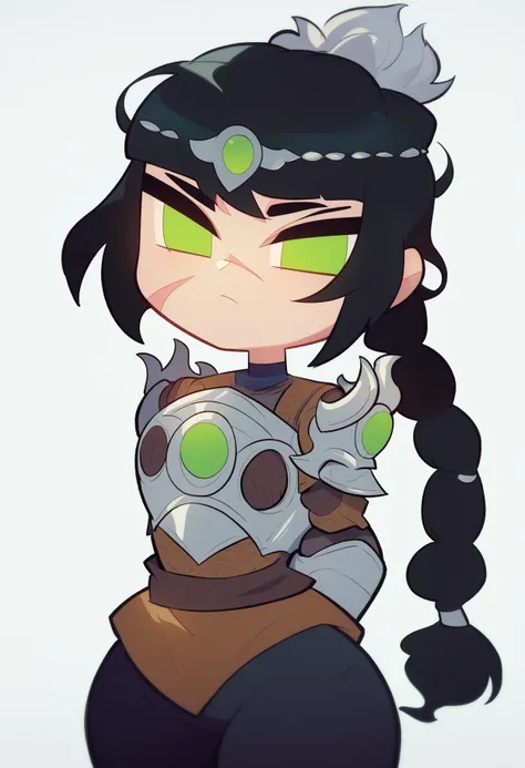 score_9, score_8_up, 1girl, solo, shadowheart, black hair, braided ponytail, no pupils, chibi, green eyes, scar on face, circlet, looking at viewer, armor, pants, 
arms behind back, standing, looking at viewer, white background <lora:ShadowHeartXL:0.8> <lora:FlipherrXLLocon:1>