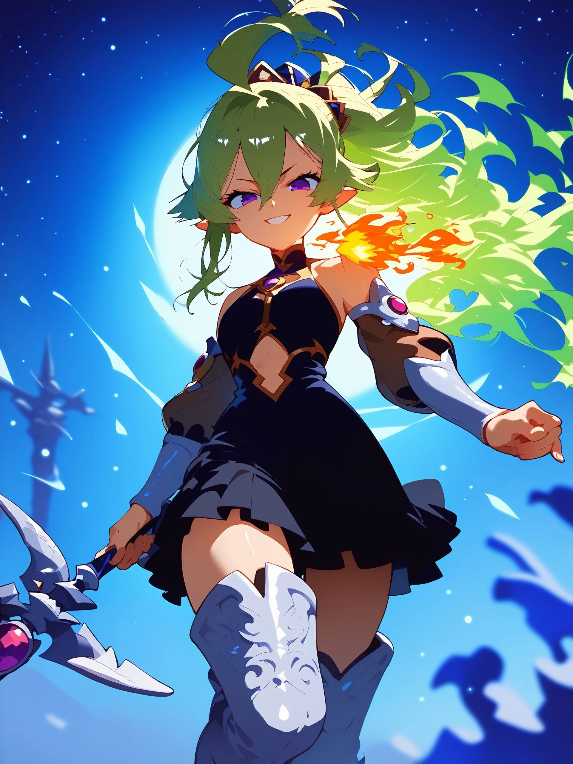score_9,score_8_up,score_7_up,score_6_up,source_anime, shiny, shiny skin, <lora:naipf:0.8>, (<lora:Expressive_H-000001:1>, Expressiveh, takeda hiromitsu style,<lora:takeda_hiromitsu_style_xl_goofy:1>,) <lora:FlipherrXLLocon-1:1>,
(masterpiece),best quality,1girl,medium_shot,smirk,v_arms,stars in the eyes,messy floating hair,colored inner hair,Starry sky adorns hair,depth of field,long hair,blonde hair,green hair,purple eyes,pointy ears,side ponytail,ahoge,hair between eyes,duel monster,holding,staff,holding staff,skirt,thighhighs,ponytail,boots,detached sleeves,thigh boots,fire,black dress,clothing cutout,navel cutout,red bow,jewelry,