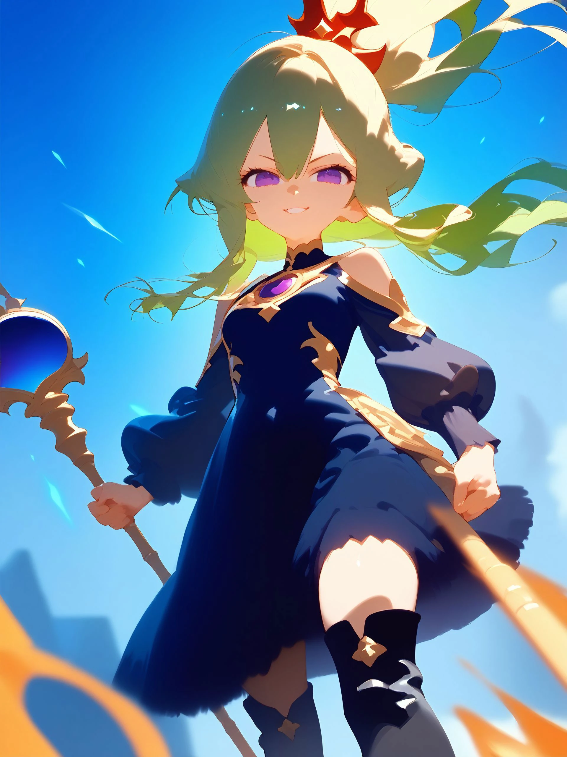 score_9,score_8_up,score_7_up,score_6_up,source_anime, shiny, shiny skin, <lora:naipf:0.8>, (<lora:Expressive_H-000001:1>, Expressiveh, takeda hiromitsu style,<lora:takeda_hiromitsu_style_xl_goofy:1>,) <lora:FlipherrXLLocon-1:1>,
(masterpiece),best quality,1girl,medium_shot,smirk,v_arms,stars in the eyes,messy floating hair,colored inner hair,Starry sky adorns hair,depth of field,long hair,blonde hair,green hair,purple eyes,pointy ears,side ponytail,ahoge,hair between eyes,duel monster,holding,staff,holding staff,skirt,thighhighs,ponytail,boots,detached sleeves,thigh boots,fire,black dress,clothing cutout,navel cutout,red bow,jewelry,