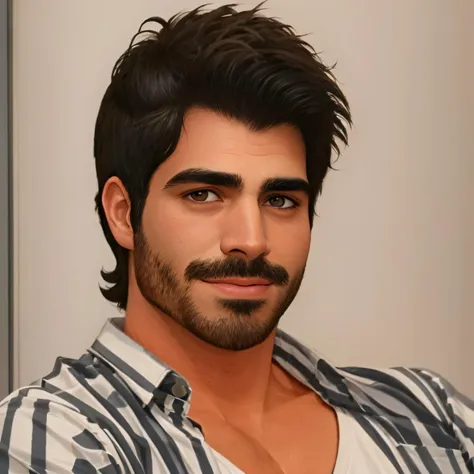 <lora:Rodrigo Gomes Simoni:0.7>, 1boy, 1male, beard, black hair, facial hair, looking at viewer, male focus, mustache, open shirt, portrait, realistic, rodrigo gomes simoni, shirt, short hair, solo, upper body