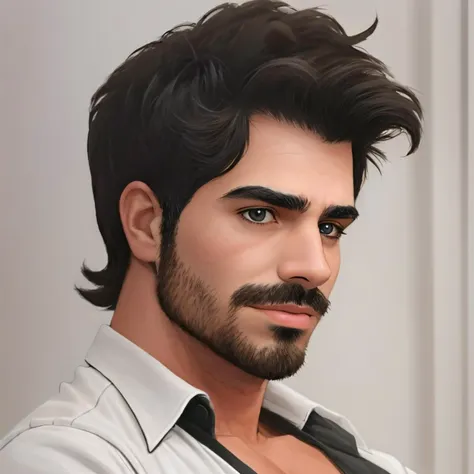 <lora:Rodrigo Gomes Simoni:0.65>,  anime, drawing,  1boy, 1male, beard, black hair, facial hair, looking at viewer, male focus, mustache, open shirt, portrait, realistic, rodrigo gomes simoni, shirt, short hair, solo, upper body, (looking ahead:1.3)