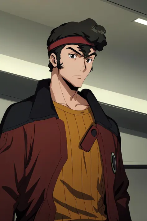 (masterpiece, best quality:1.2), highres, anime screencap, anime coloring, 1boy, solo, male focus,
Kaname_Ohgi, black hair, black eyes, sideburns, short hair, headband, red headband,
red jacket, brown jacket, open jacket, yellow shirt, orange shirt,
standing, upper body,
<lora:add_detail_CyberAlchemist:0.4>, <lora:GoodHands-beta2:0.8>, <lora:KanameOhgi-000010:1>,