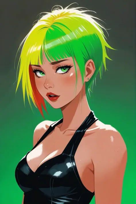 digital painting, 1girl, woman, punk girl, cute, intricate costume design,punk hair, bombshell hair, reflective deep color:yellowgreen hair, short bombshell hair, tomato clothes, slim, atheletic figure, narrow waist, medium breasts, (african, dark skin:0.6)<lora:EnvyStarlightStylized02:1>