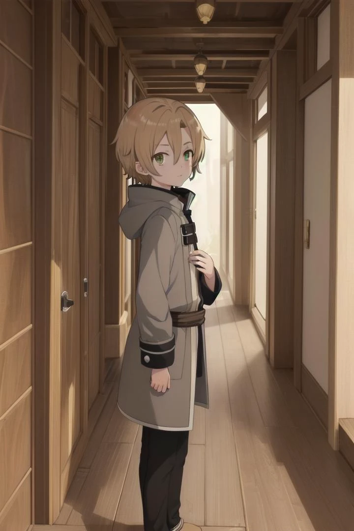 <lora:rudeus-hc-arc-sd-v10:0.6>
a boy, (rudeus greyrat), standing alone outside in a wooden village, outside, mole under his left eye,
he has detailed green eyes and brown hair, short hair, blonde brown hair, grey coat,
he has a mole under his left eye
draw it in the art style of mushoku tensei