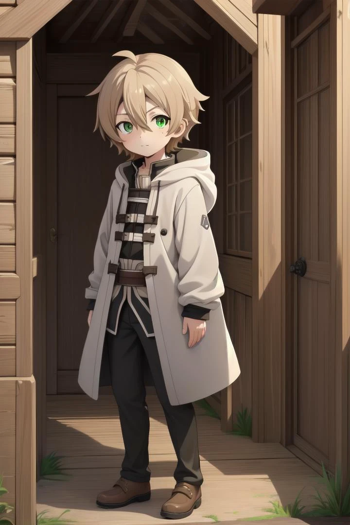 <lora:rudeus-hc-arc-sd-v10:0.5>
a boy, (rudeus greyrat), standing alone outside in a wooden village, outside, mole under his left eye,
he has detailed green eyes and brown hair, short hair, blonde brown hair, coat,
he has a mole under his left eye
draw it in the art style of mushoku tensei