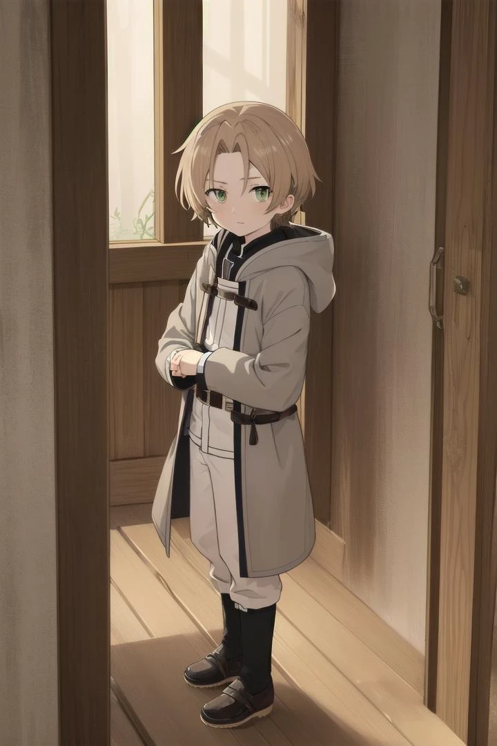 <lora:rudeus-hc-arc-sd-v10:0.6>
a boy, (rudeus greyrat), standing alone outside in a wooden village, outside, mole under his left eye,
he has detailed green eyes and brown hair, short hair, blonde brown hair, grey coat,
he has a mole under his left eye
draw it in the art style of mushoku tensei