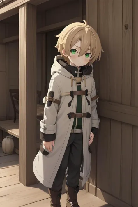 <lora:rudeus-hc-arc-sd-v10:0.5>
a  boy, (rudeus greyrat), standing alone outside in a wooden village, outside, mole under his left eye,
he has detailed green eyes and brown hair, short hair, blonde brown hair, coat,
he has a mole under his left eye
draw it in the art style of  mushoku tensei