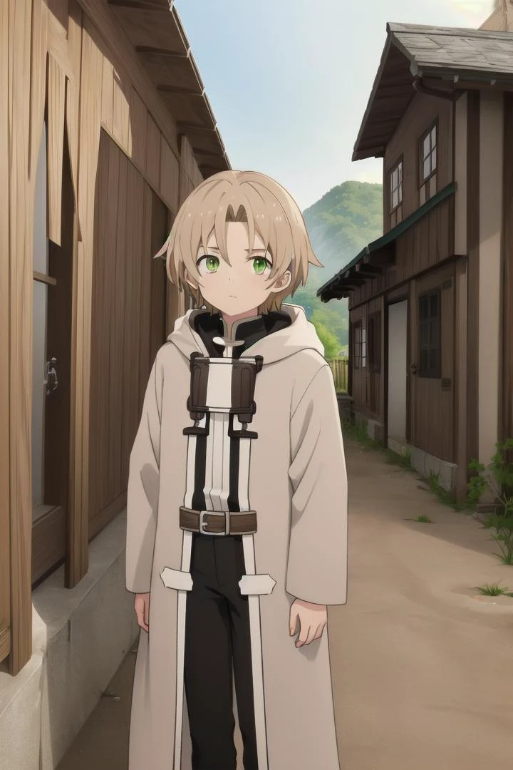<lora:rudeus-hc-arc-sd-v10:0.6>
a boy, (rudeus greyrat), standing alone outside in a wooden village, outside, mole under his left eye,
he has detailed green eyes and brown hair, short hair, blonde brown hair, grey coat,
he has a mole under his left eye
draw it in the art style of mushoku tensei