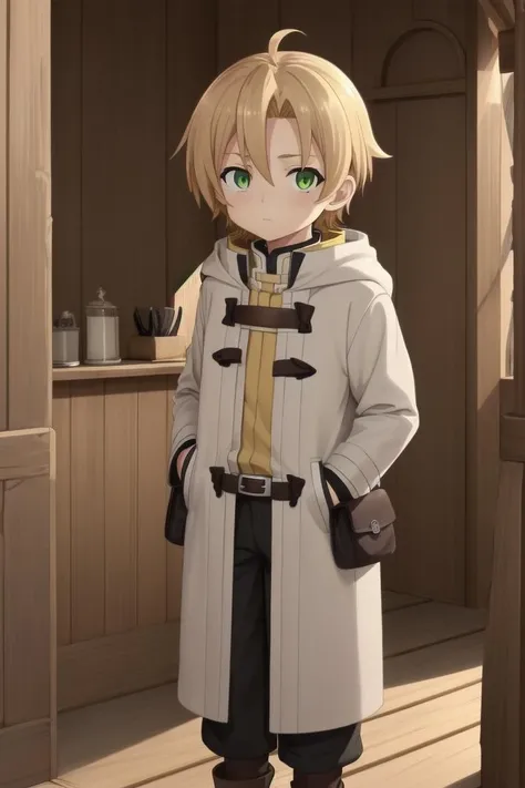 <lora:rudeus-000020:0.5>
a boy, (rudeus greyrat), standing alone outside in a wooden village, outside, mole under his left eye,
he has detailed green eyes and brown hair, short hair, blonde, coat,
he has a mole under his left eye
draw it in the art style of mushoku tensei