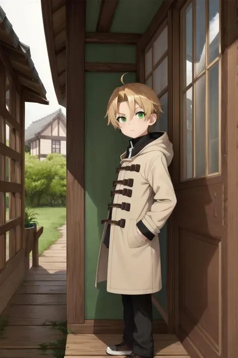 <lora:rudeus-000020:0.5>
a  boy, (rudeus greyrat), standing alone outside in a wooden village, outside,
he has detailed green eyes and brown hair, short hair, blonde, coat,
he has a mole under his left eye
draw it in the art style of  mushoku tensei