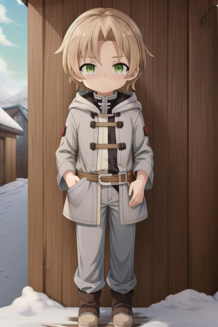<lora:rudeus-hc-arc-sd-v10:0.6>
a boy, (rudeus greyrat), standing alone outside in a wooden village, outside, mole under his left eye,
he has detailed green eyes and brown hair, short hair, blonde brown hair, grey coat, long grey pants
he has a mole under his left eye
draw it in the art style of mushoku tensei