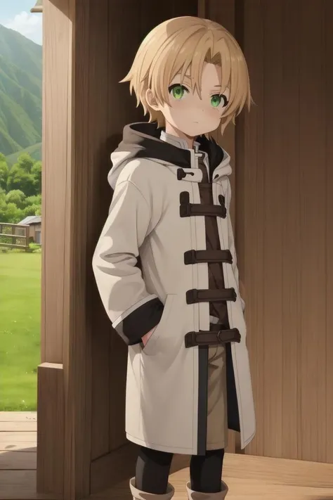 <lora:rudeus-hc-arc-sd-v10:0.5>
a boy, (rudeus greyrat), standing alone outside in a wooden village, outside, mole under his left eye,
he has detailed green eyes and brown hair, short hair, blonde brown hair, coat,
he has a mole under his left eye
draw it in the art style of mushoku tensei