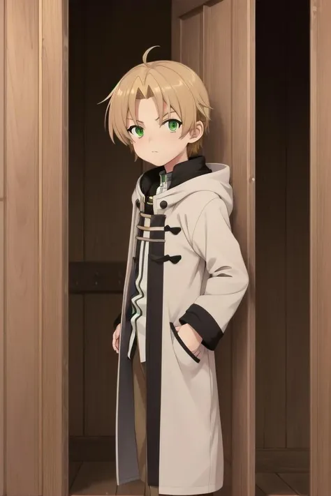 <lora:rudeus-000020:0.5>
a  boy, (rudeus greyrat), standing alone outside in a wooden village, outside,
he has detailed green eyes and brown hair, short hair, blonde, coat,
he has a mole under his left eye
draw it in the art style of  mushoku tensei