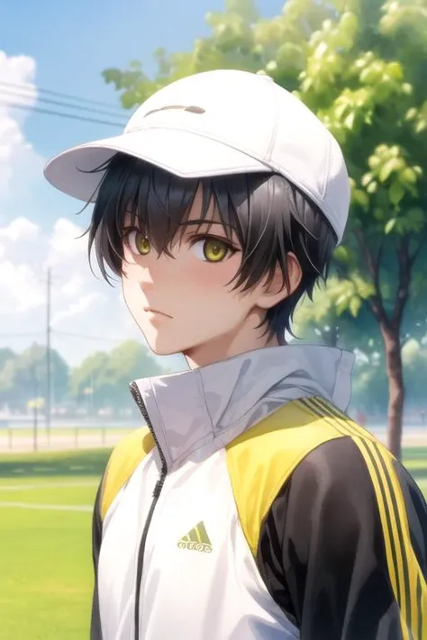 masterpiece, best quality, movie still, 1boy, solo, male focus, looking at viewer, upper body, depth of field, (watercolor illustration, soft pastel colors:1.1), realistic, <lora:ryousuke_kaga:0.78>, ryousuke_kaga, black hair, yellow eyes, tracksuit, hat, ,