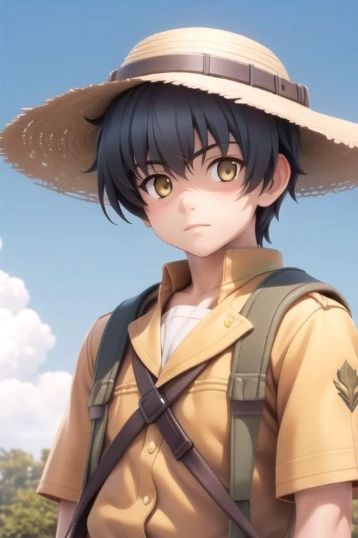 masterpiece, best quality, wallpaper, 1boy, solo, male focus, looking at viewer, upper body, , , realistic, <lora:ryousuke_kaga:0.68>, ryousuke_kaga, black hair, yellow eyes, , sun hat, world war 1, High resolution